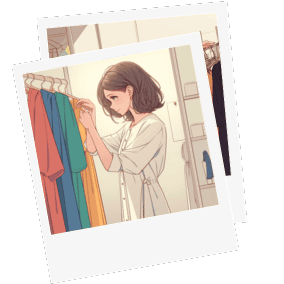 お気に入りに洋服を手にして微笑む女性